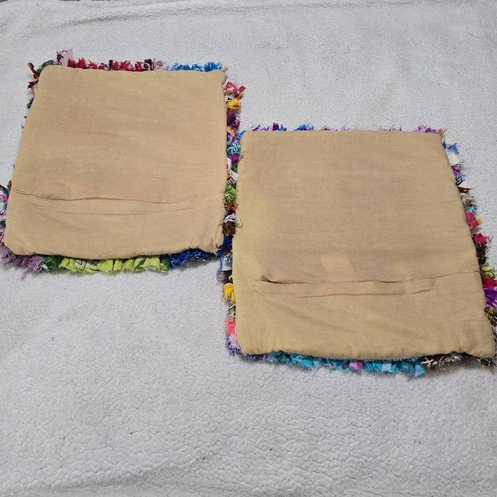 Set of 2 Boho Shaggy Rag Rug Pillow Covers Multi Color 18x18 Textured India